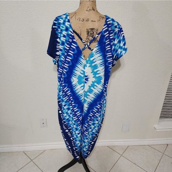 Ashley Stuart Blue Diamond Tie Dye V Neck Caftan Dress Cover Up Resort Cruise - Picture 4 of 8
